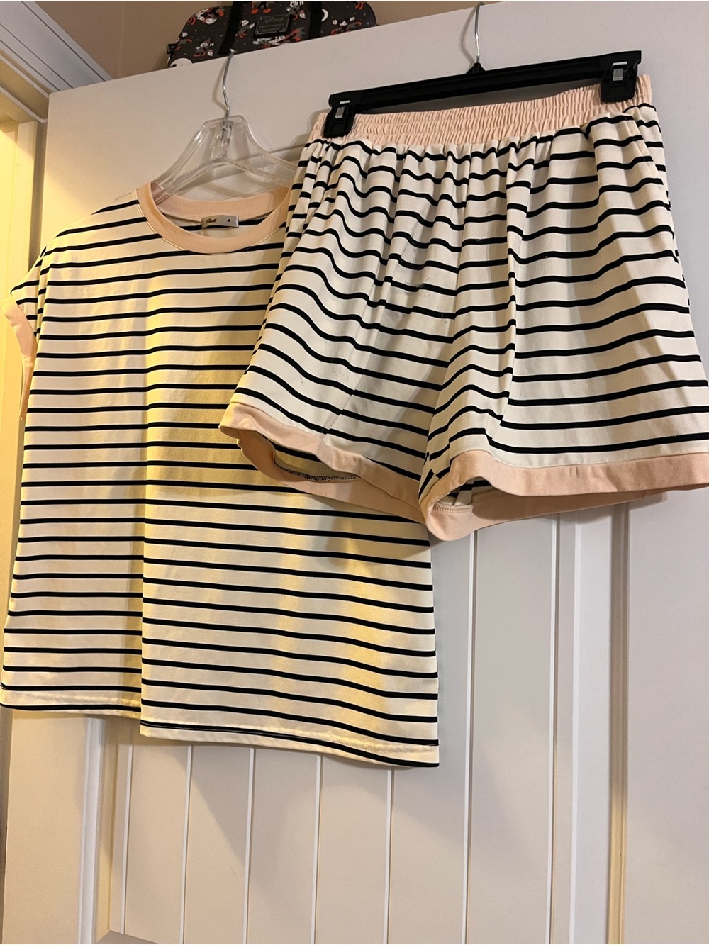 Striped Black & Cream Women's Short  Set with Peach Trim